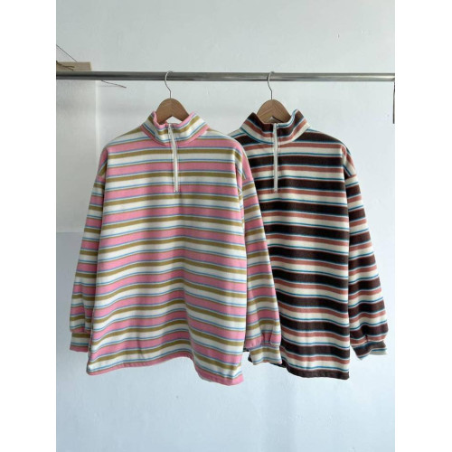 LY890 韓國繽紛彩條立領磨毛上衣