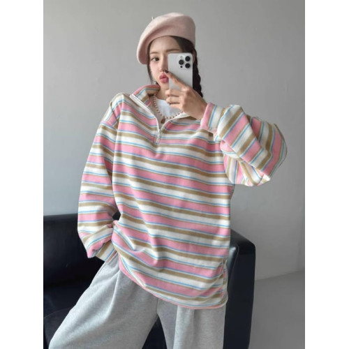 LY890 韓國繽紛彩條立領磨毛上衣