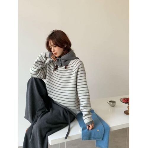 LY916 韓系百搭圍脖+條紋針織長袖上衣