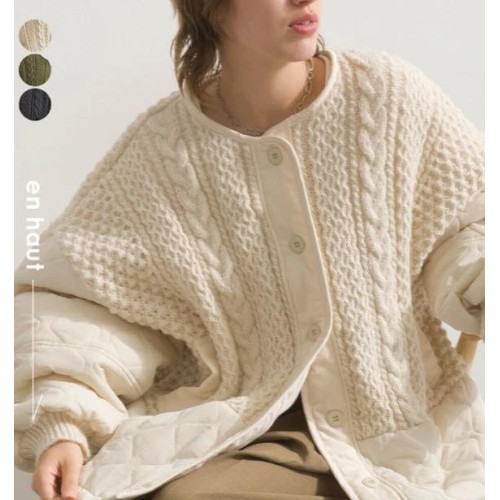 LY895 日本Lupilien en haut 立體麻花絎縫拼接無領保暖外套