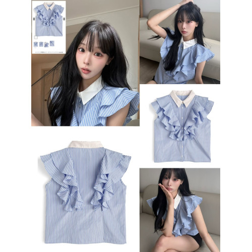LY1503 日本 GRL法式飛袖荷葉邊條紋襯衫