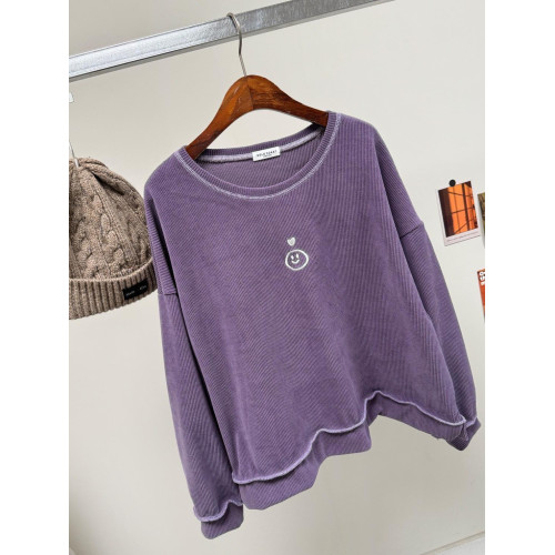 LY893 韓國坑條磨毛刺繡小愛心笑臉上衣