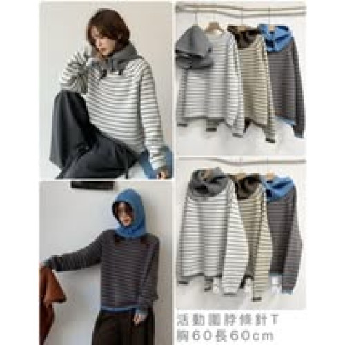 LY916 韓系百搭圍脖+條紋針織長袖上衣