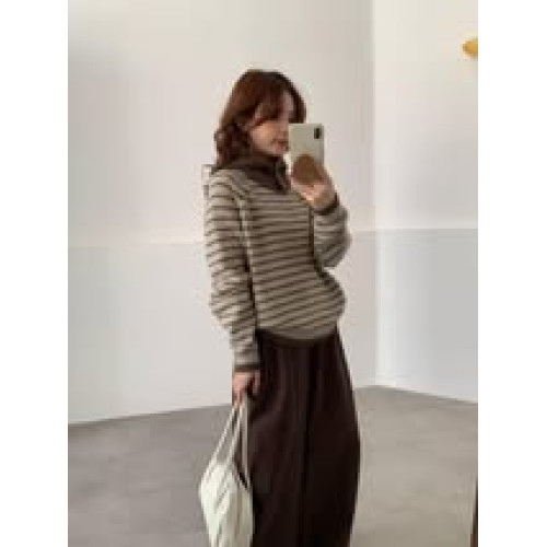 LY916 韓系百搭圍脖+條紋針織長袖上衣