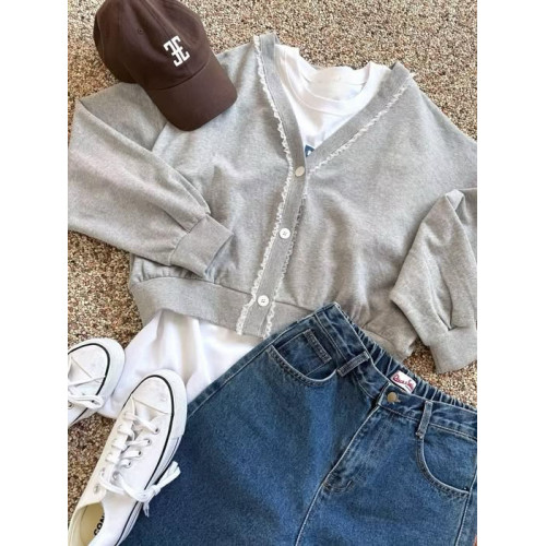 LY986 韓國蕾絲花邊V領開衫外套